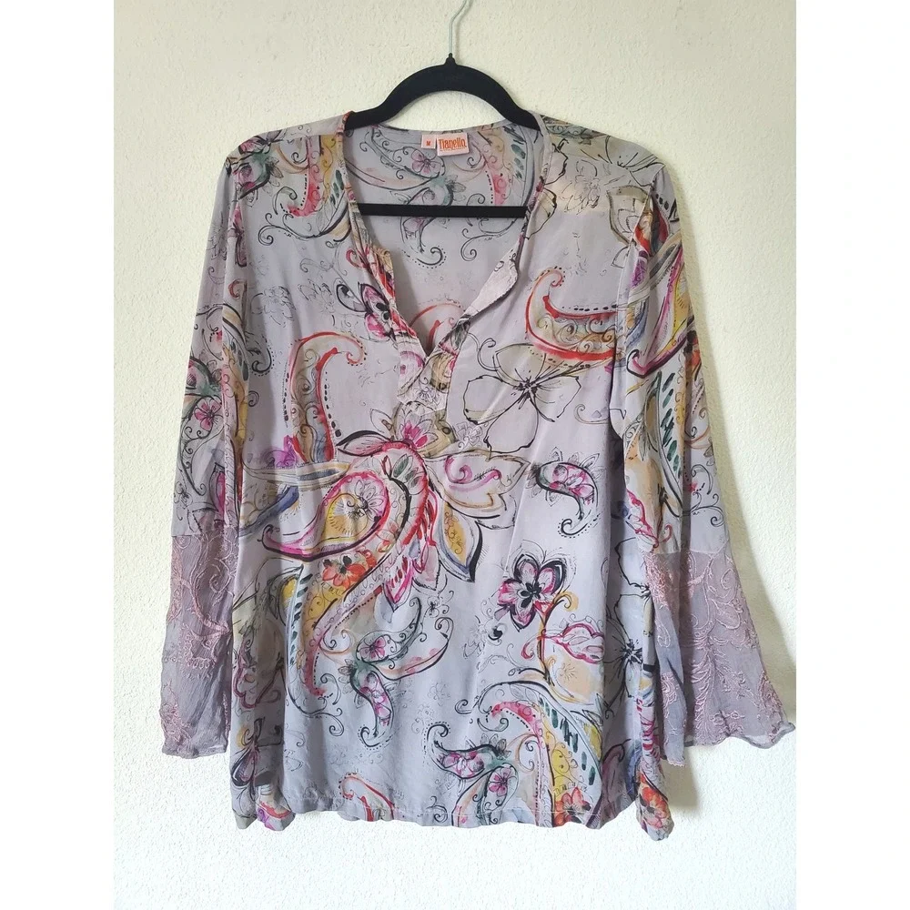 Tianello Silk Floral Tunic Top Embroidered Lace Cuffs Womens Medium Fairy - Picture 11 of 11
